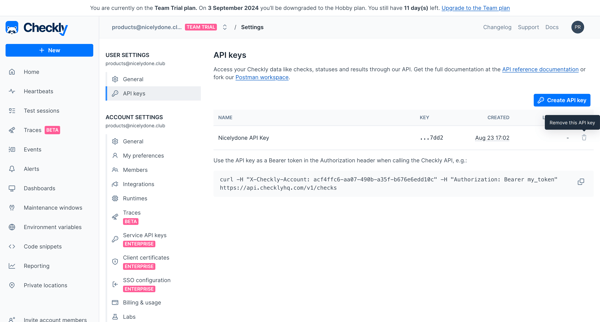 User | API keys screen
