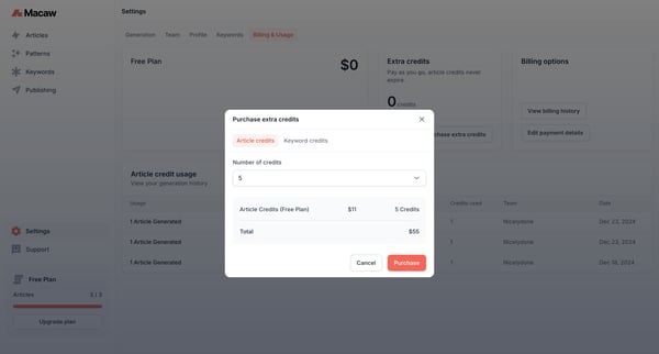 Billing Settings | Macaw screen