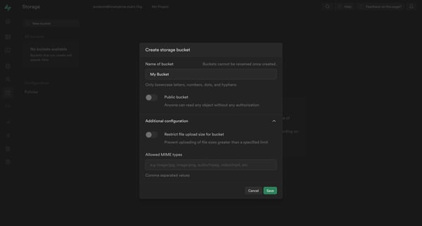 Buckets | Supabase screen