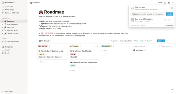Roadmap | By Status screen