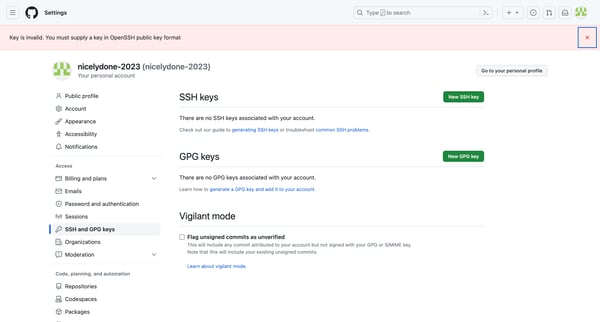 SSH and GPG keys screen