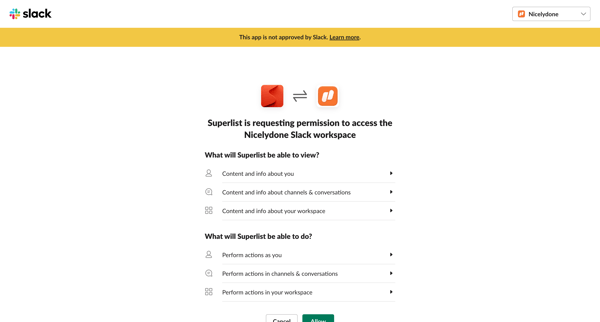 Superlist is requesting permission to access the Nicelydone Slack screen