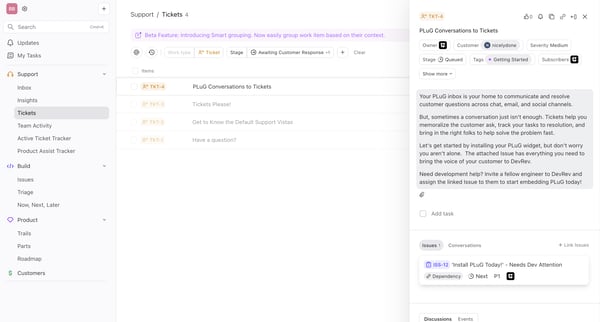TKT-4 PLuG Conversations to Tickets screen