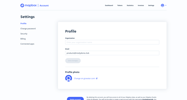 Account | Mapbox screen