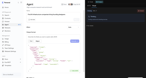 Playground | Exa API screen