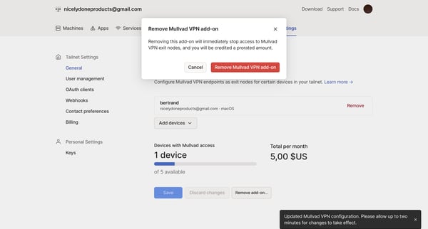Configure Mullvad VPN - Tailscale screen