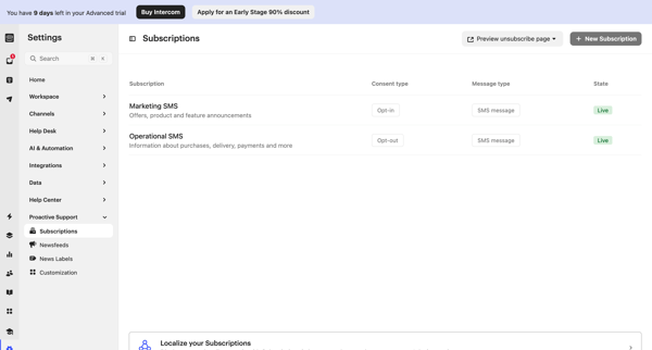 Subscriptions | Nicelydone  Intercom screen