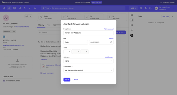 Alex Johnson | Nicelydone CRM screen