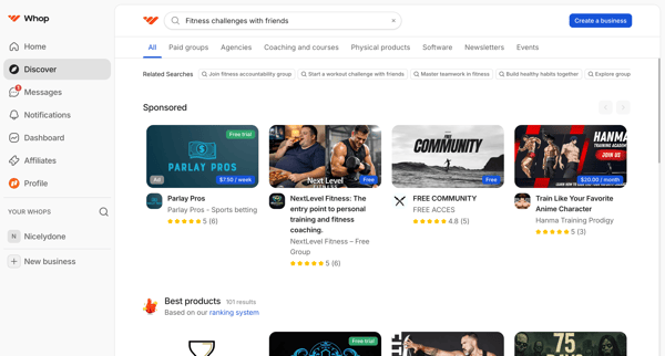 Search: Fitness challenges with friends | Whop screen