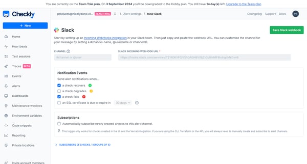 Alerts | new channel from Checkly
