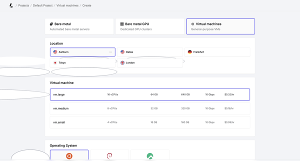 Create virtual machines – Dashboard - Latitude.sh screen