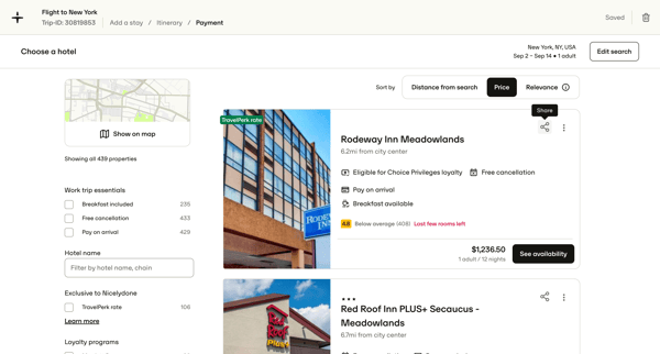 Results for 1 room in New York, NY, USA, 9/2/2025 - 9/14/2025 — TravelPerk screen