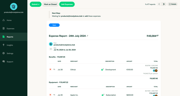 Expense Report - 24th July 2024 - Report screen