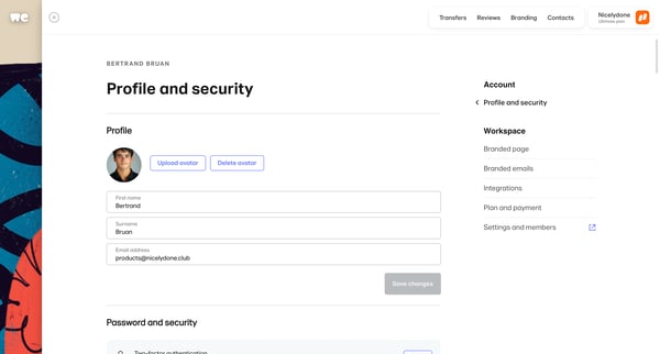 Account - WeTransfer screen