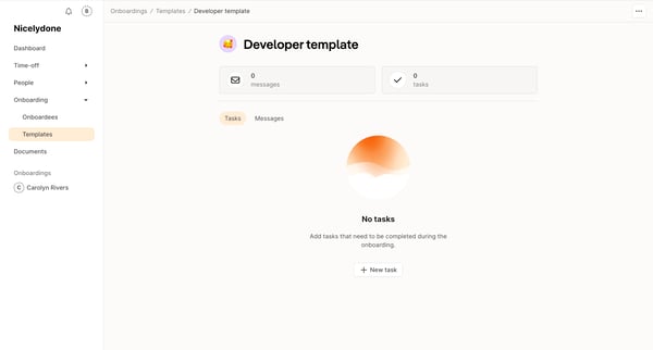 Tasks | Developer template Onboarding templates Aboard screen