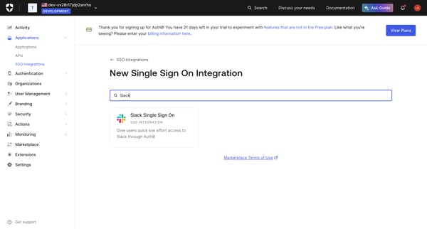 SSO Integrations Create screen