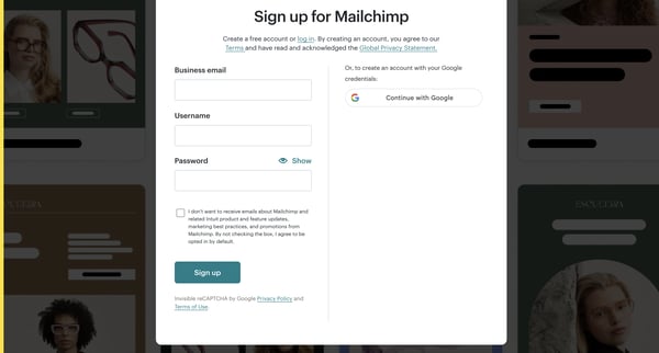 Sign Up for Mailchimp screen
