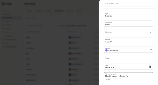 Origin Financial screen