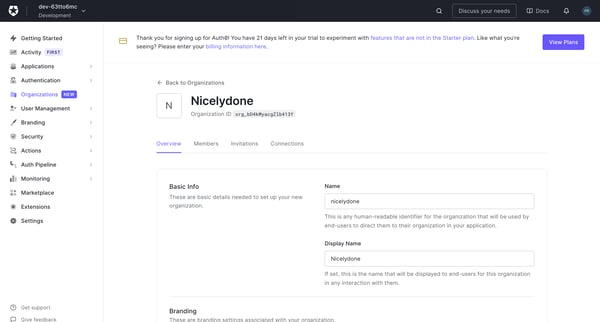 Organization Details from Auth0