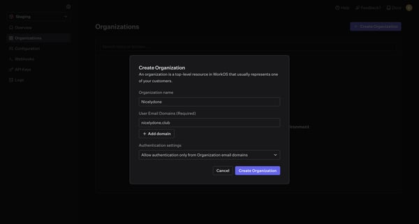 Organizations | WorkOS screen