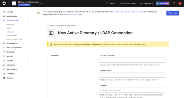 Enterprise Connections - AD Strategy - Create screen