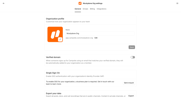 Nicelydone Org settings screen