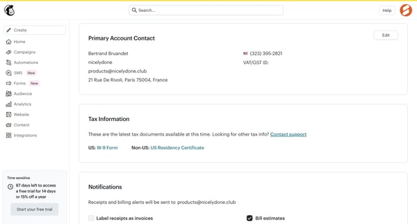 Billing Information | Mailchimp screen