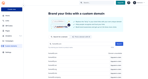 Bitly | Search for a domain screen