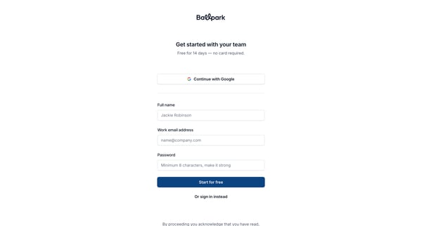 Sign up | Ballpark screen
