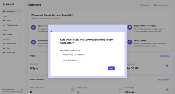 Dashboard - Gumlet screen