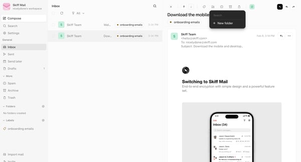 Inbox - nicelydone@skiff.com screen