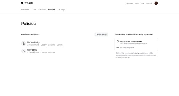 Policies | Twingate Admin screen