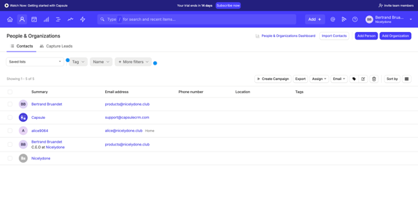 People & Organizations | Nicelydone CRM screen