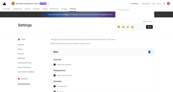 My Notifications - Team Settings – Dashboard – Vercel screen