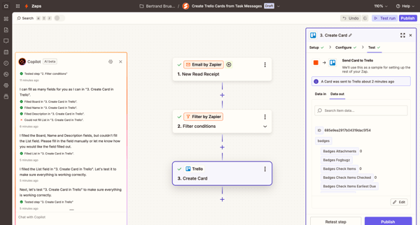 Create Trello Cards from Task Messages | Zapier screen
