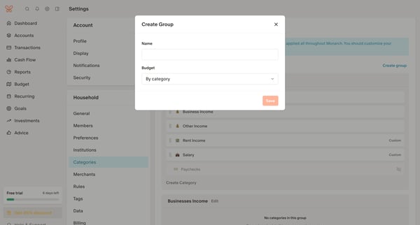 Category Settings screen