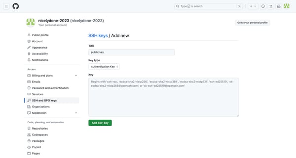 Add new SSH keys screen