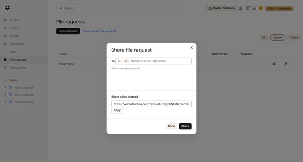 File requests - Dropbox screen