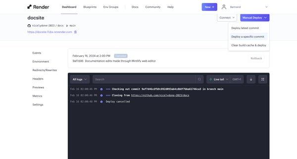 docsite ・ Static Site ・ Render Dashboard screen