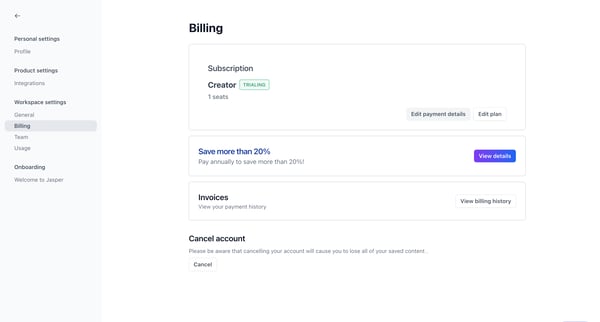 Billing settings - Jasper screen