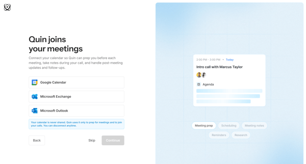 Get Started | Quin screen