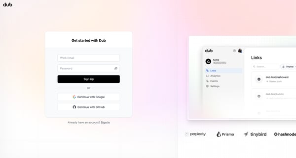Create your Dub.co account | Dub.co screen