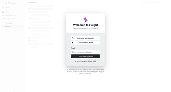 Log in - Height screen