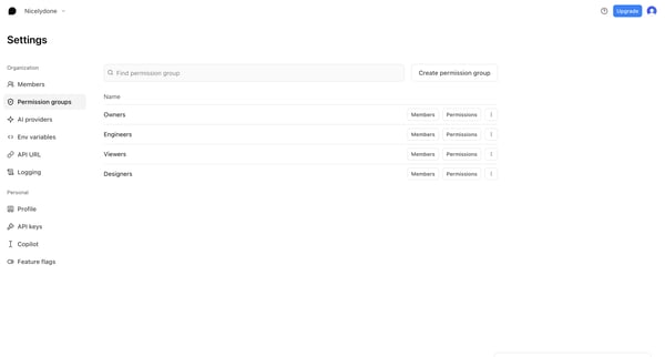 Settings - Nicelydone - Braintrust screen