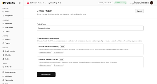 Dashboard | inference.net screen