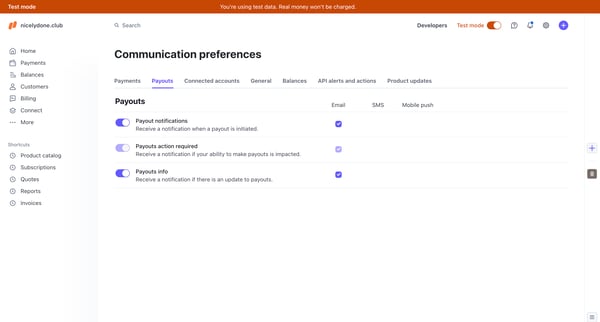 Dashboard – nicelydone.club – Stripe [Test] screen