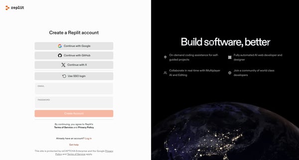 Sign Up - Replit screen