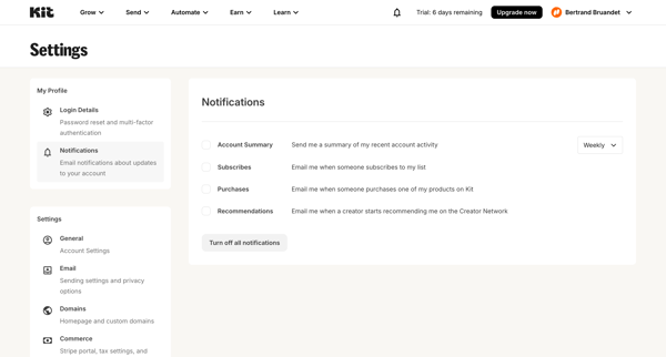 Account Settings - Kit screen