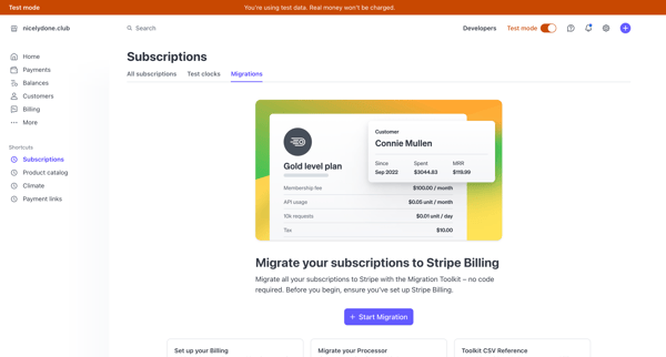 Subscriptions – nicelydone.club – Stripe [Test] screen