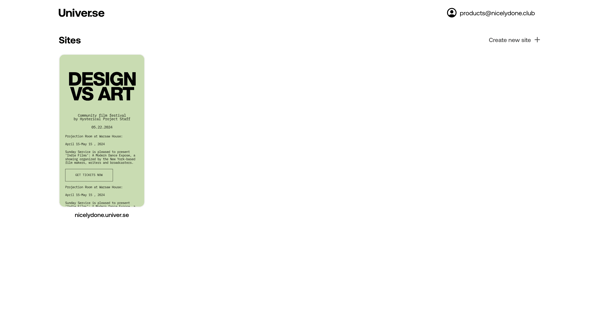 Sites | Universe screen
